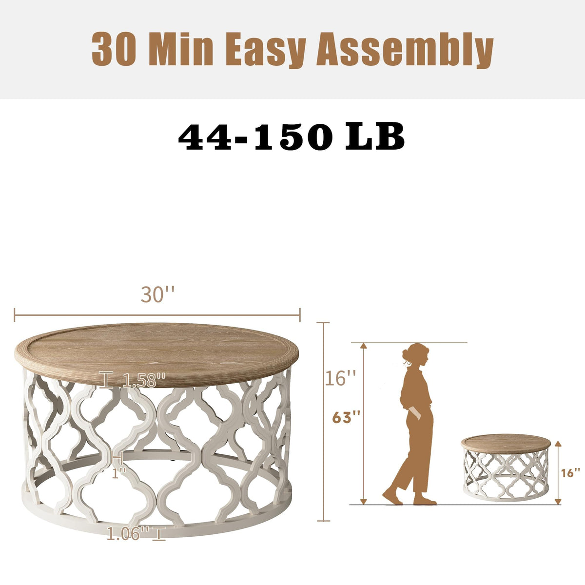 karlott Farmhouse Coffee Table, French Country Round Coffee Table, Beige