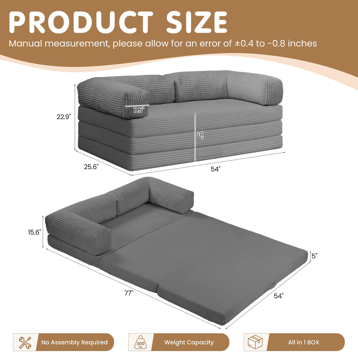 Convertible Sofa Bed Queen,5-in-1 Boneless Couch with Removable Armrests & Handle,Corduroy Futon Sleeper Sofa,Floor Folding Mattress Pull Out Bed for Small Space Apartment Living Room Bedroom,Green