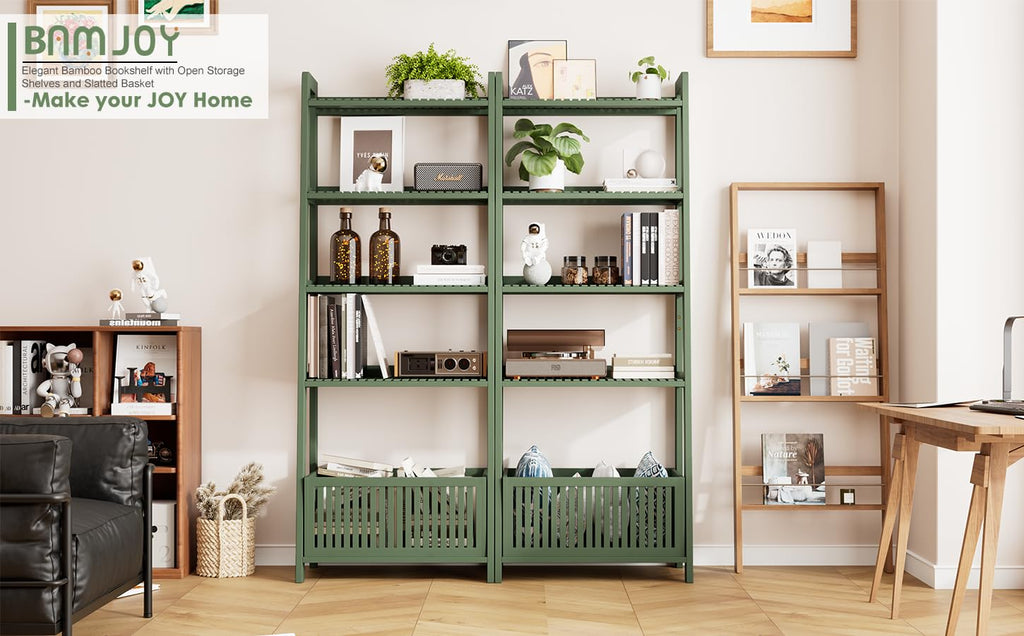 Bamjoy Bamboo Ladder Shelf, Bookshelf with 4 Display Shelves and 1 Open Storage Basket, Multifunctional Storage Rack Organizer for Home Office, Bedroom, Living Room, 66â H Natural
