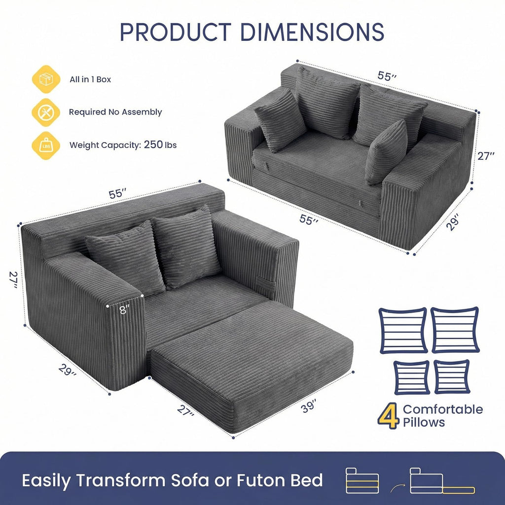 cidludto Convertible Sofa Bed, 3 in 1 Loveseat Folding Couch Bed Foldable - Chaise Lounge Chair & Floor Futon Sofa, Corduroy Pull Out Sofa Bed with 4 Pillows for Living Room, Beige