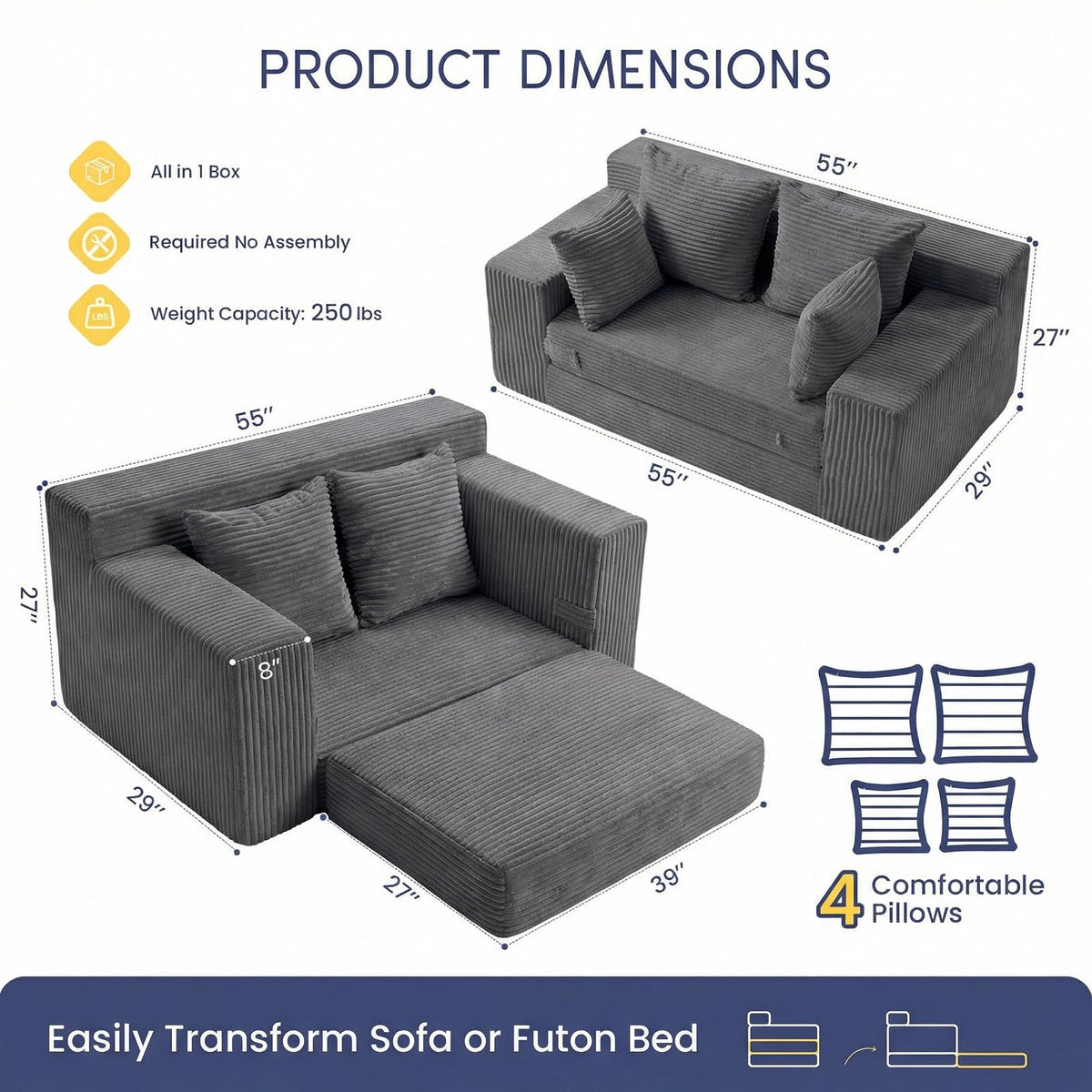 cidludto Convertible Sofa Bed, 3 in 1 Loveseat Folding Couch Bed Foldable - Chaise Lounge Chair & Floor Futon Sofa, Corduroy Pull Out Sofa Bed with 4 Pillows for Living Room, Beige