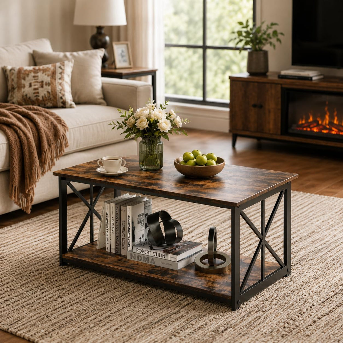 Manora Industrial Rectangular Coffee Table with Storage Shelf, Rustic Brown