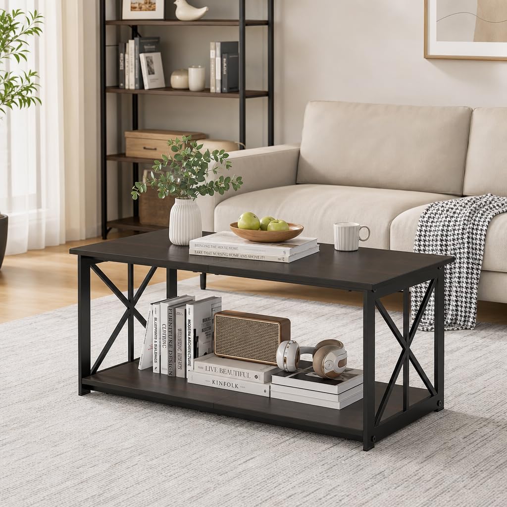 Manora Industrial Rectangular Coffee Table with Storage Shelf, Rustic Brown