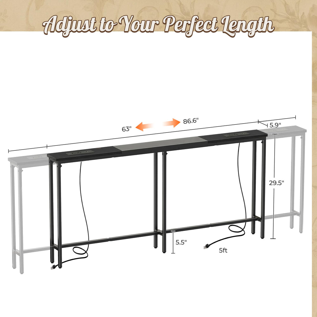 Huuger Narrow Sofa Table with 2 Power Outlets, 110.2-133.8 Inch Adjustable Length, Behind the Couch Table with USB-C Port, Long Entryway Console Table, Anti-tip Kit, for Living Room, Rustic Brown