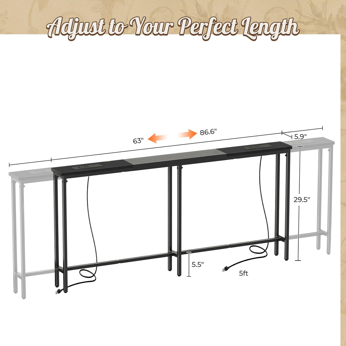 Huuger Narrow Sofa Table with 2 Power Outlets, 110.2-133.8 Inch Adjustable Length, Behind the Couch Table with USB-C Port, Long Entryway Console Table, Anti-tip Kit, for Living Room, Rustic Brown