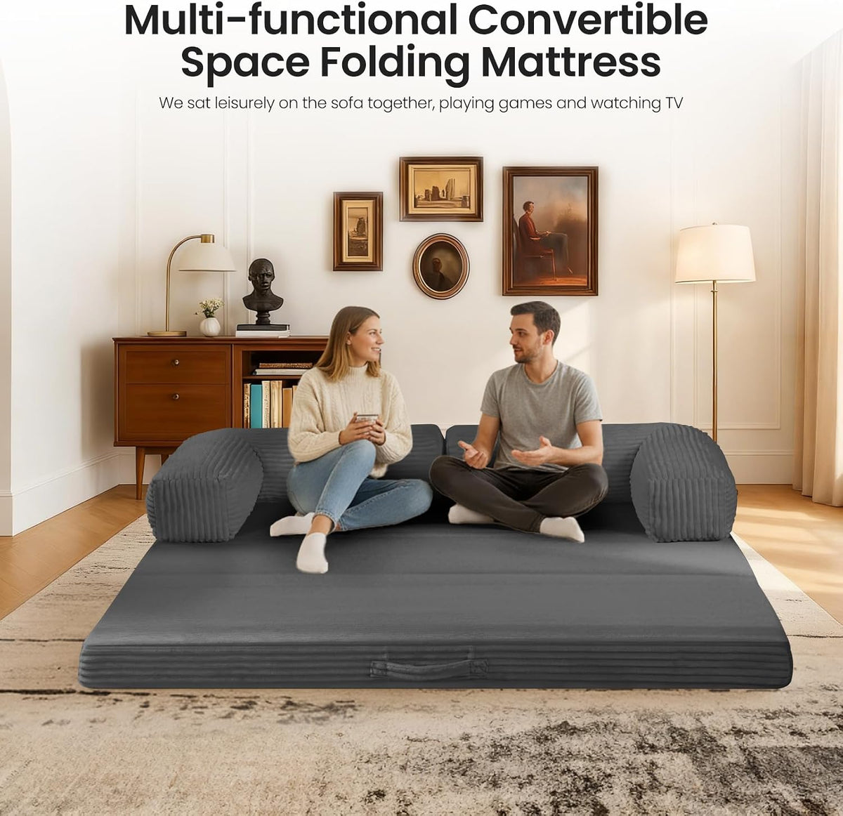 Tri-Fold Foldable Mattress, Convertible Folding Sofa Bed with Removable Arms & Washable Cover, All-in-One Portable Mattress Floor Sofa Bed, No Assembly Required & Non-Slip, Queen Size, Grey