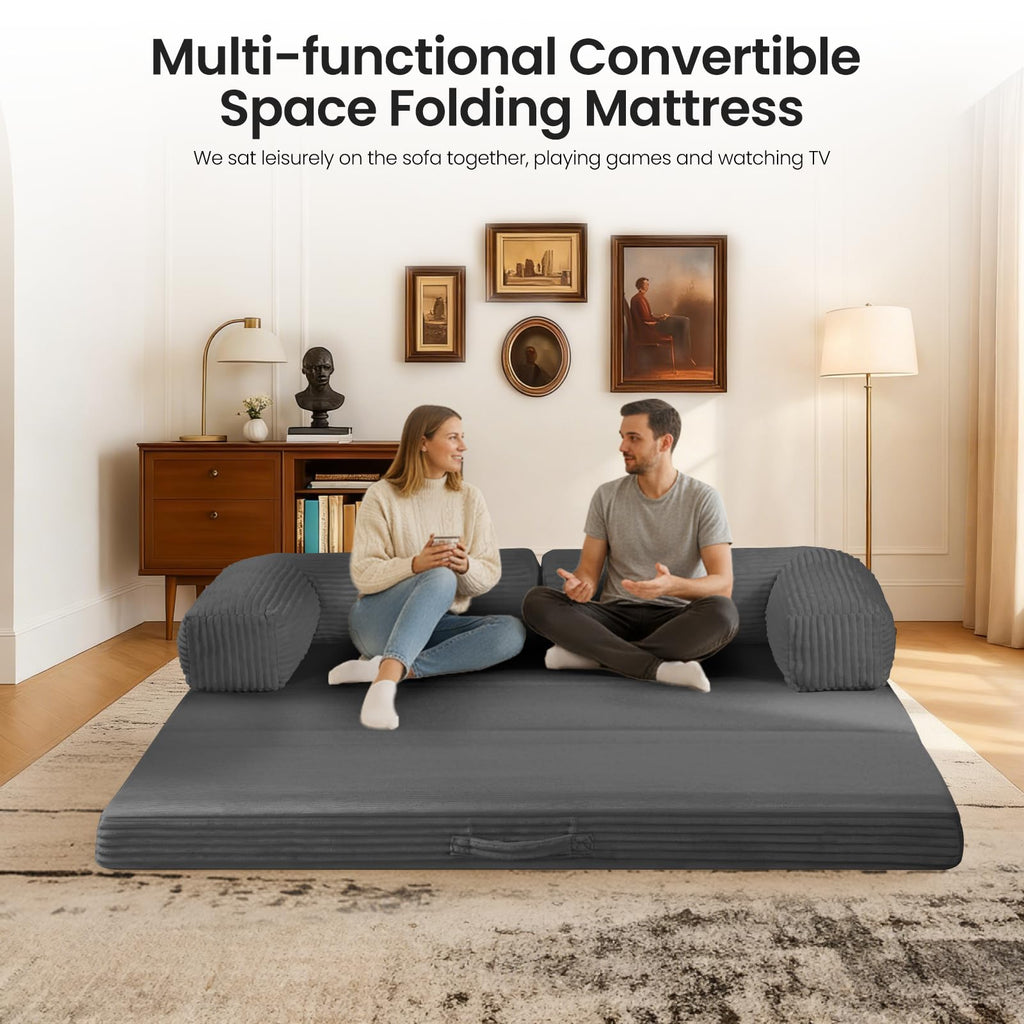Tri-Fold Foldable Mattress, Convertible Folding Sofa Bed with Removable Arms & Washable Cover, All-in-One Portable Mattress Floor Sofa Bed, No Assembly Required & Non-Slip, Queen Size, Grey