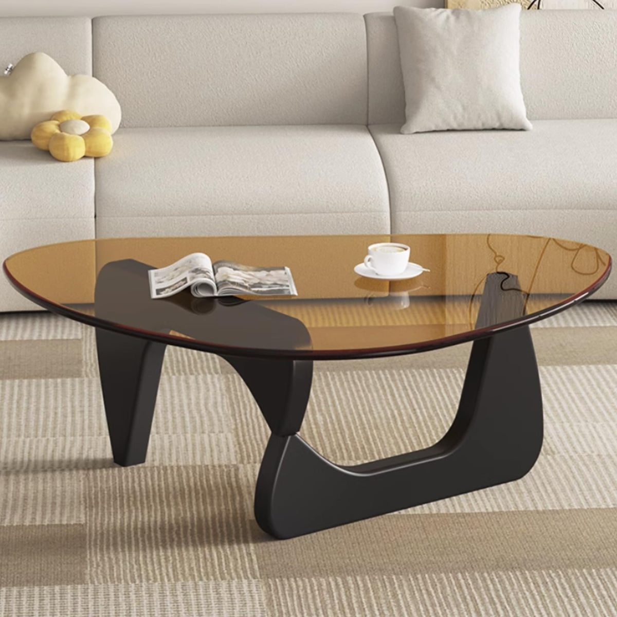 EASYSOUL Modern Glass Coffee Table, 32.68" D x 22.44" W x 15.75" H, Abstract Round Tea Tables for Living Room Home Office Industrial Cocktail Tables (Walnut-Brown Glass, 32.68")