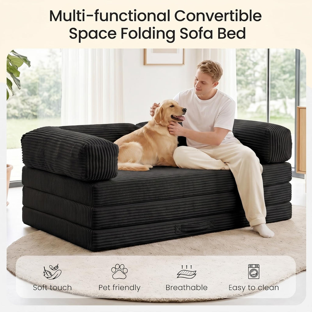 Erament Futon Sofa Bed Queen, Convertible Tri Folding Mattress Foldable with Removable Armrests & Washable Cover, 5-Inch Floor Mattress with High-Density Foam, Small Pull Out Couch Bed, Beige