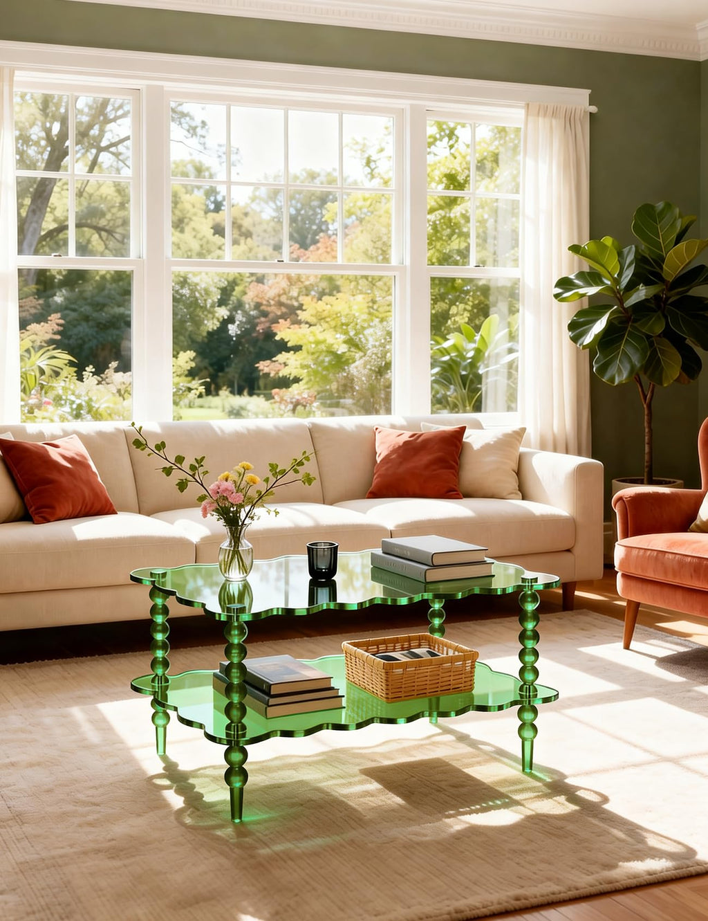 Acrylic Coffee Table, 2-Tier Living Room Table with Storage, Center Table Mid-Modern Century for Living Room, Easy to Assemble (Green, 37.8âÃ23.6âÃ15.7â)