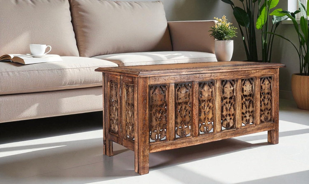 Farmhouse Coffee Table, Jali Carving, 36x24x18 in, Burnt