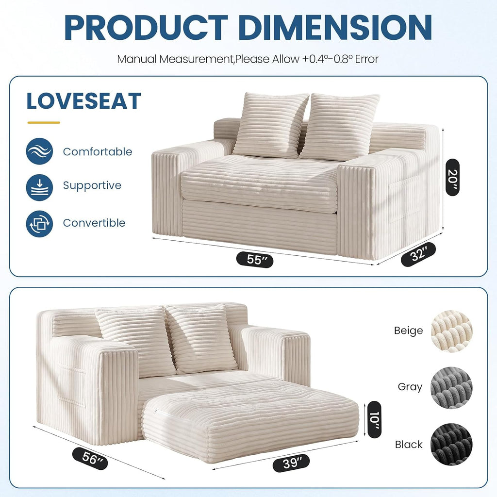 Boneless Couches for Living Room, 2 Seater Boneless Loveseat Sofa, Premium Memory Foam Couch in a Box, Cozy Bean Bag Couch, Lazy Floor Sofa & Loveseat for Bedroom Office Lounge Apartment,Beige