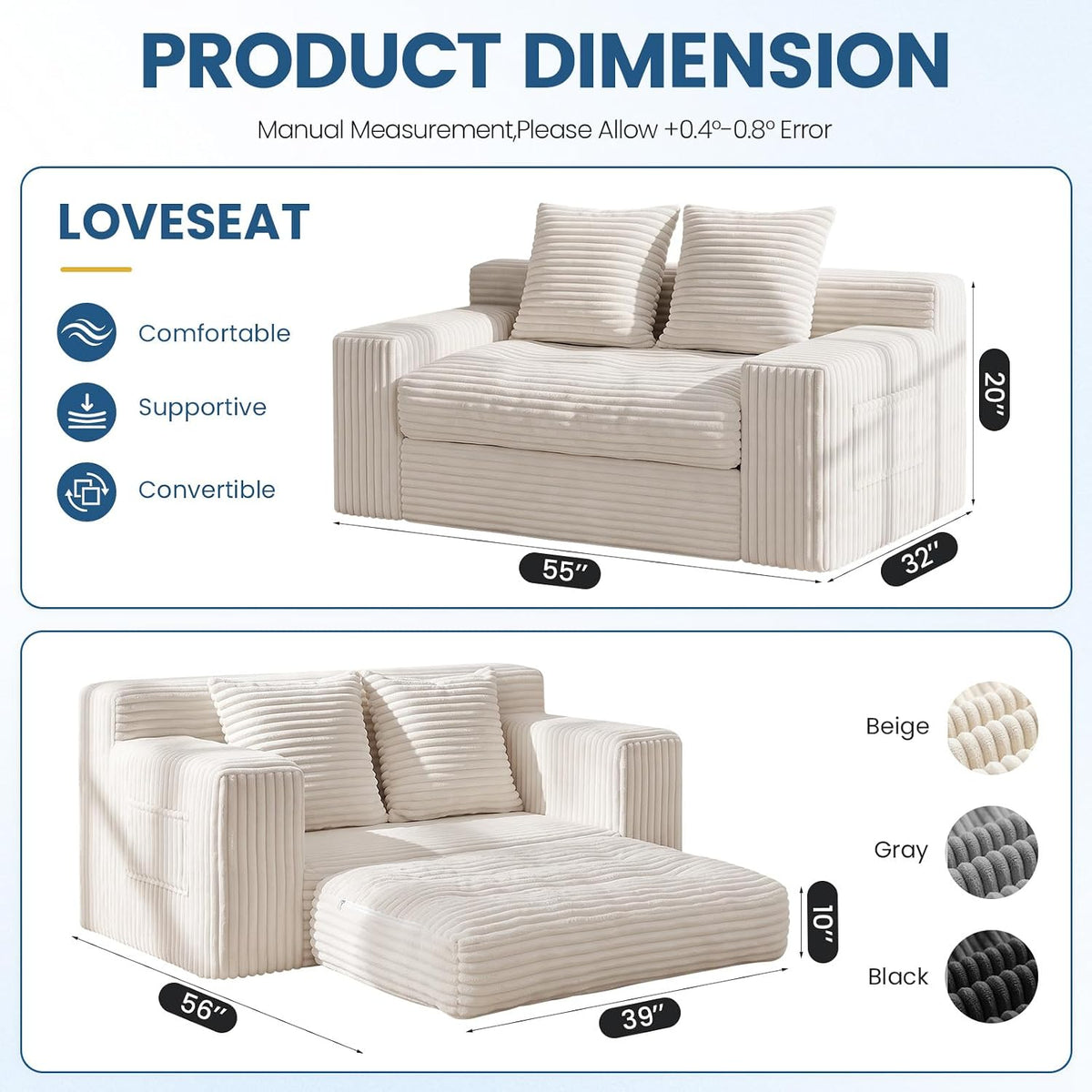 Boneless Couches for Living Room, 2 Seater Boneless Loveseat Sofa, Premium Memory Foam Couch in a Box, Cozy Bean Bag Couch, Lazy Floor Sofa & Loveseat for Bedroom Office Lounge Apartment,Beige