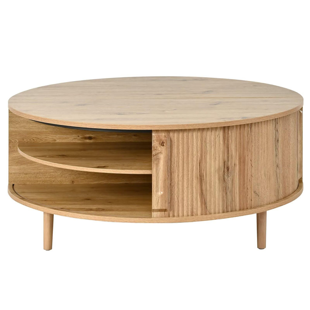 Round Lift Top Coffee Table, 39.4 Inch Minimalist Fluted Walnut Wood Cocktail Table with Hidden Divided Storage & Dual-Tier Open Side Shelves, Dark Walnut Finish Circular Living Room Center Table