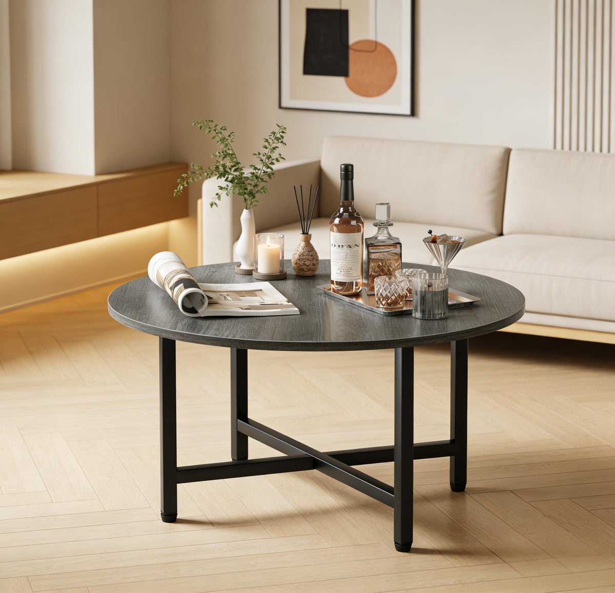 Coffee Tables for Living Room, 27.6" Round Coffee Table, Black Coffee Table