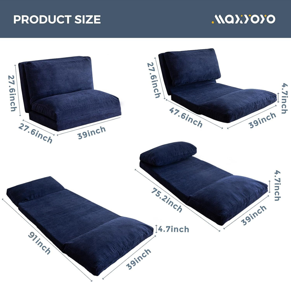 MAXYOYO Folding Sofa Bed, Extra Thick and Long Floor Sofa Convertible Chair with Washable Cover, Floor Couch Lounge Bean Bag Bed for Living Room, Dark Grey, 54x91 Inch