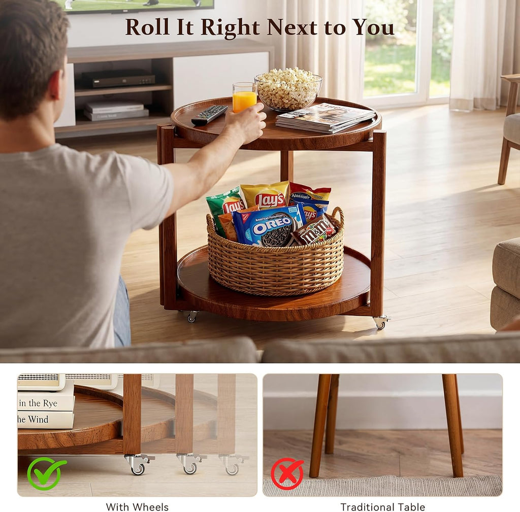 Taitiy Rolling Side Table with Wheels, Small Solid Wood Round End Table