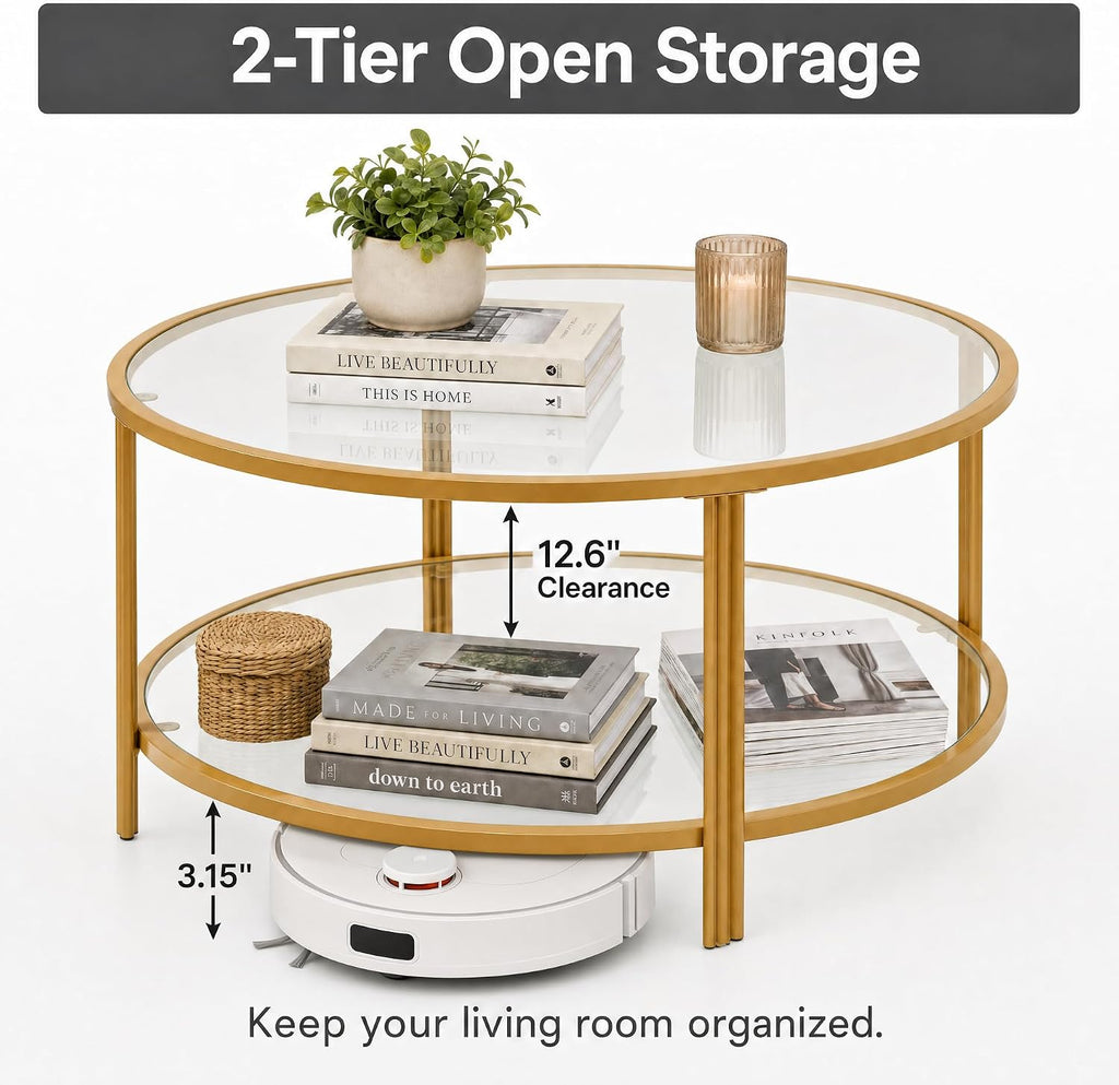 36" Round Glass Coffee Table,Gold Circle Coffee Table with Storage