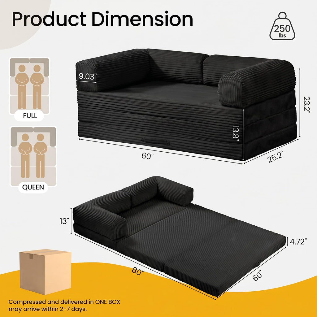 Erament Futon Sofa Bed Queen, Convertible Tri Folding Mattress Foldable with Removable Armrests & Washable Cover, 5-Inch Floor Mattress with High-Density Foam, Small Pull Out Couch Bed, Beige