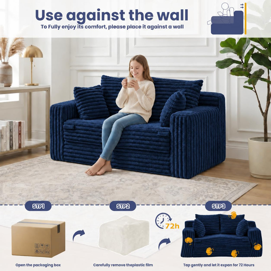 3-in-1 Convertible Sofa Bed: Boneless Loveseat Sleeper & Folding Couch Bed with 4 Pillows & Detachable Cushion, Furry Futon Couch for Bedroom, Apartment, Office and Living Room, No Assembly, Orange