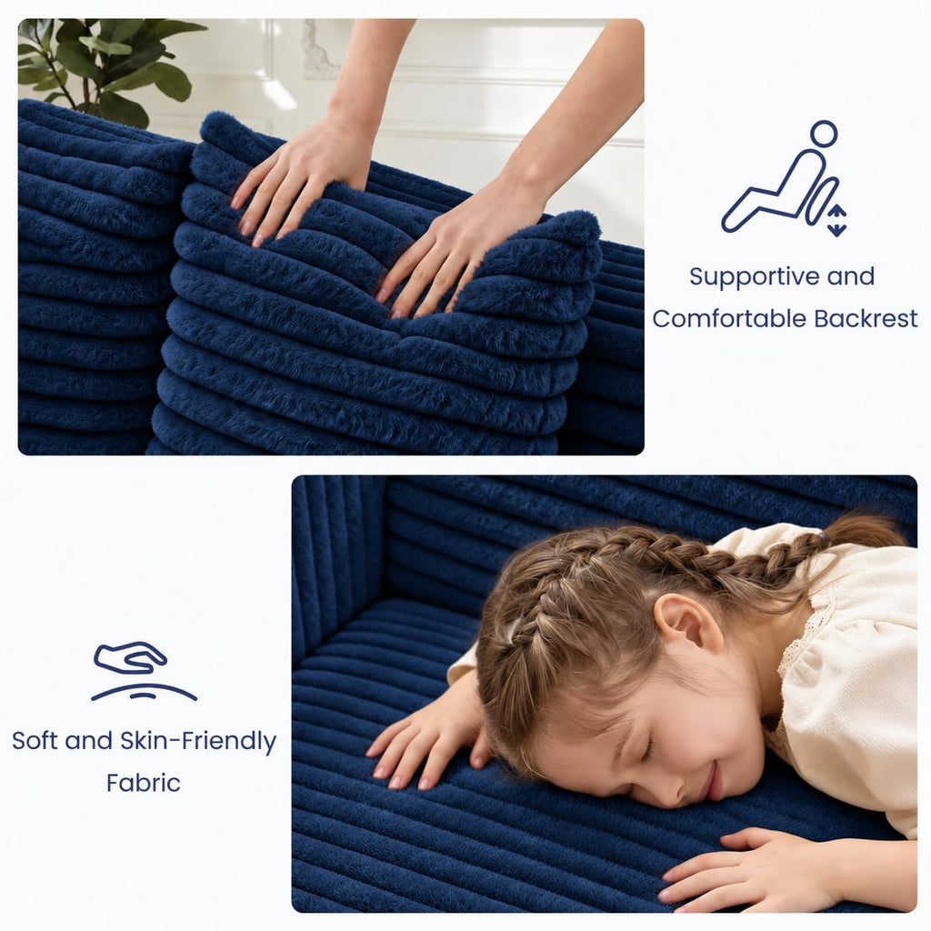 3-in-1 Convertible Sofa Bed: Boneless Loveseat Sleeper & Folding Couch Bed with 4 Pillows & Detachable Cushion, Furry Futon Couch for Bedroom, Apartment, Office and Living Room, No Assembly, Orange