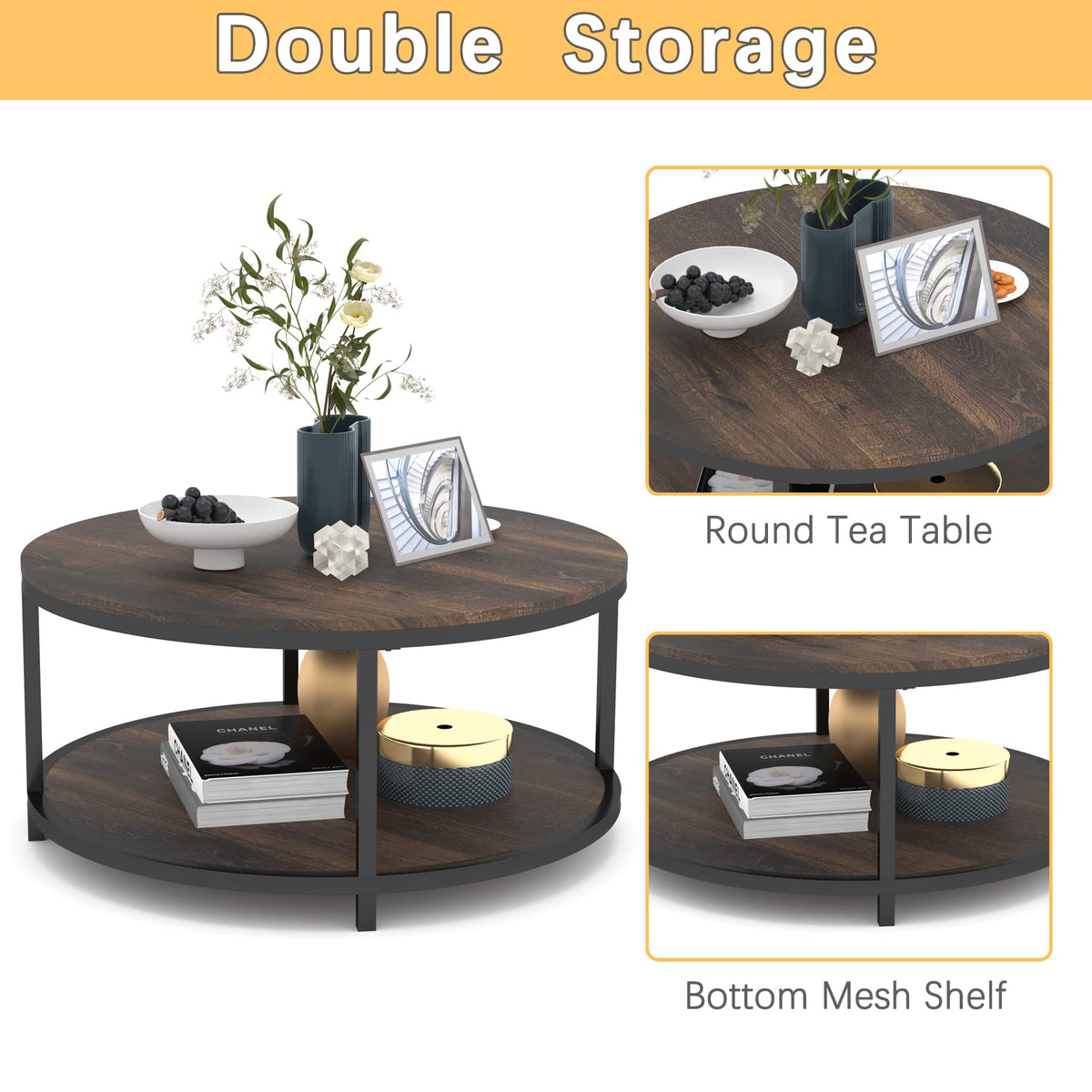 NSdirect Round Coffee Table,36" Coffee Table for Living Room,2-Tier Rustic Wood Desktop with Storage Shelf Modern Design Home Furniture(Light Walnut)