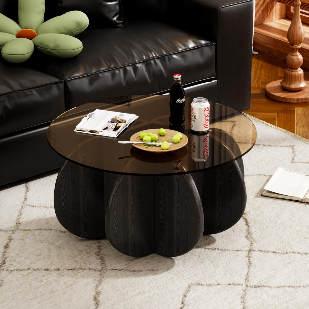 31.5'' Round Coffee Table with Tempered Glass Top, Modern Center Table for Small Spaces - Sturdy Walnut Board Frame, Simple Design for Living Room, Home, Office - Easy Assembly. (Walnut + Brown)