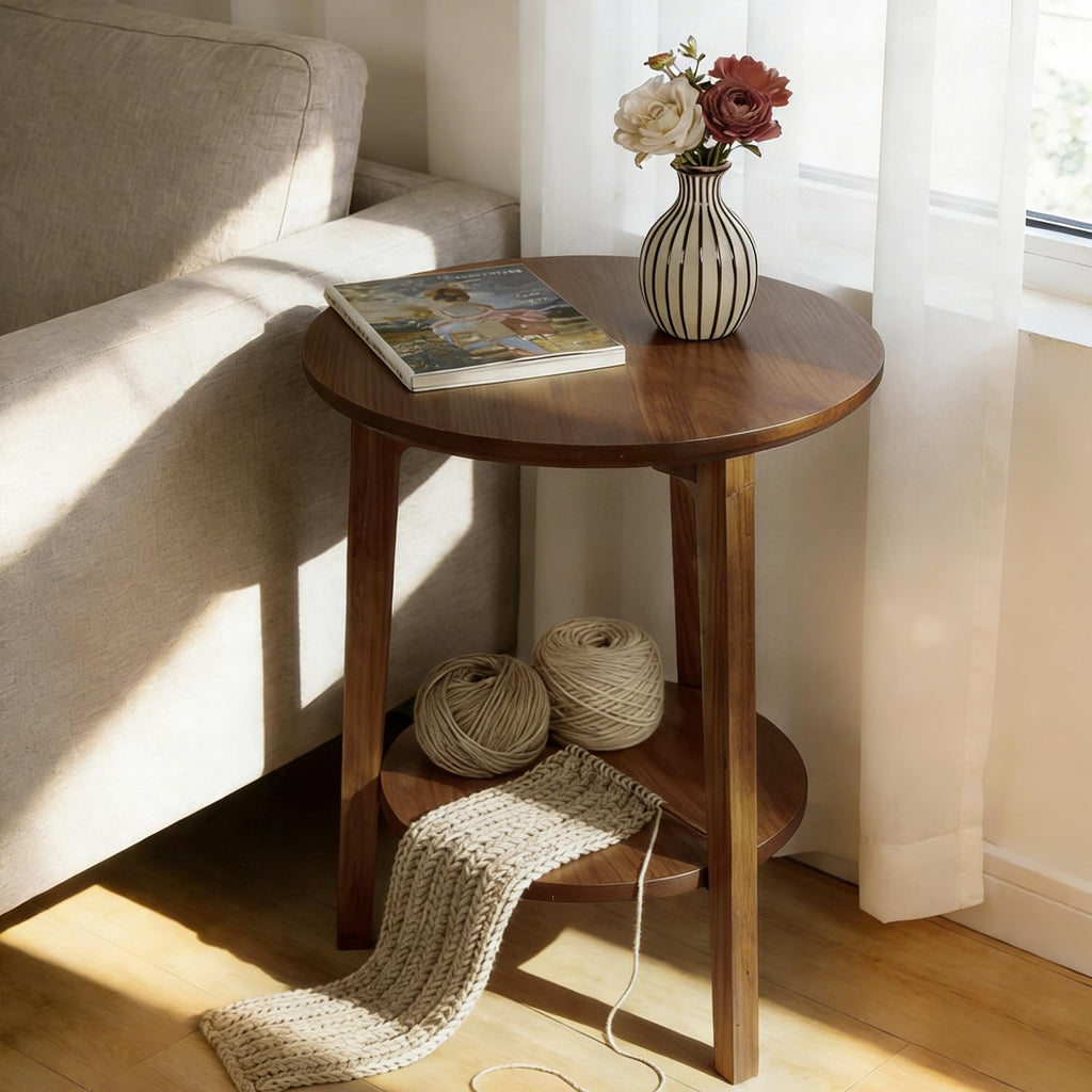 2-Tier Round Coffee Table, 28ââ Wood Nesting Side Table with Storage Shelf, Natural Walnut Wood Tables for Living Room, Space Saving Accent Table