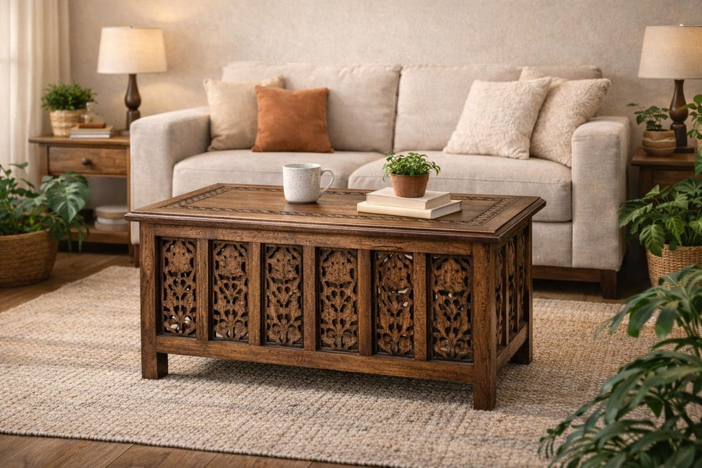 Farmhouse Coffee Table, Jali Carving, 36x24x18 in, Burnt