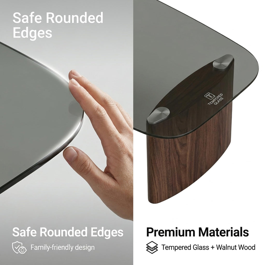 Honyee Glass Coffee Table, 30.7â Round Coffee Table with Tempered Glass Top, Walnut Wood X-Shaped Base, Stable Modern Center Table for Living Room, Apartment and Small Spaces