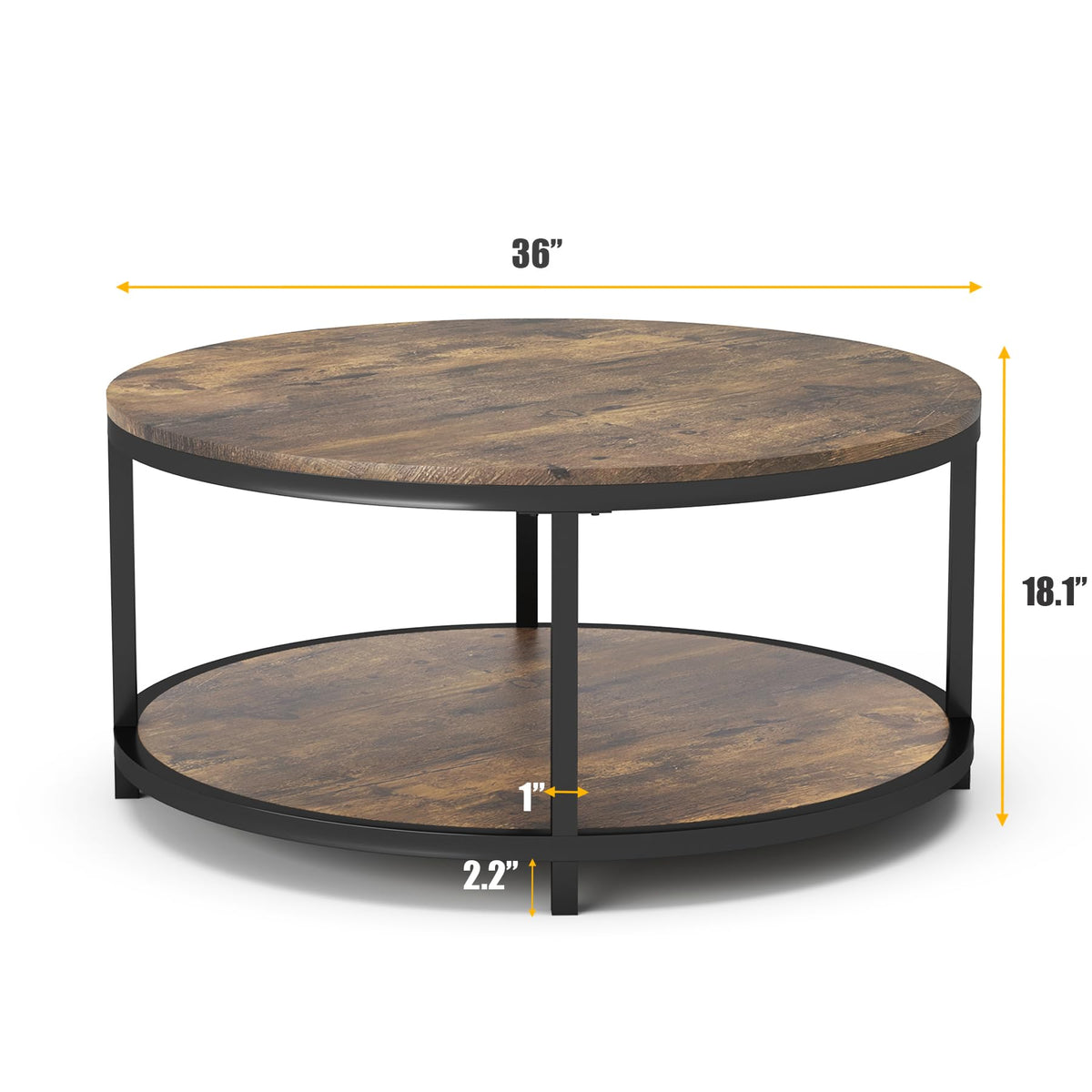 NSdirect Round Coffee Table,36" Coffee Table for Living Room,2-Tier Rustic Wood Desktop with Storage Shelf Modern Design Home Furniture(Light Walnut)