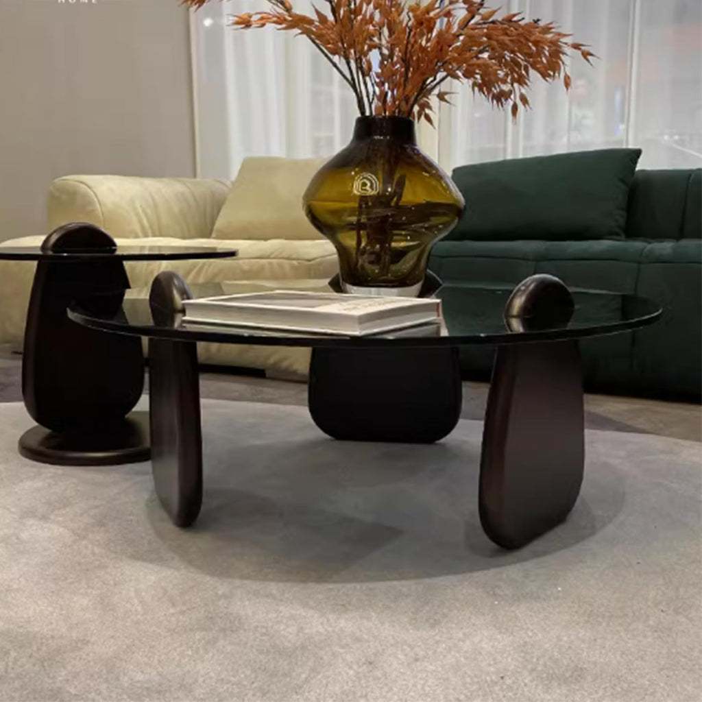 EASYSOUL Modern Round Coffee Table with Glass Top, 27.56" D x 27.56" W x 14.69" H, Circular Tea Tables for Living Room Home Office Industrial Cocktail Tables (Walunt-Clear Glass/27.56")