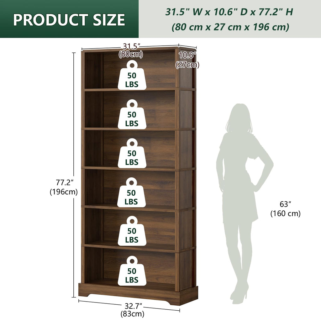 TVU 5 Tiers Wooden Bookshelf, 65.2" Tall Farmhouse Style Open Bookcase, 31.5" Wide Standing Book Shelf with Storage for Study Room, Living Room, Walnut Brown