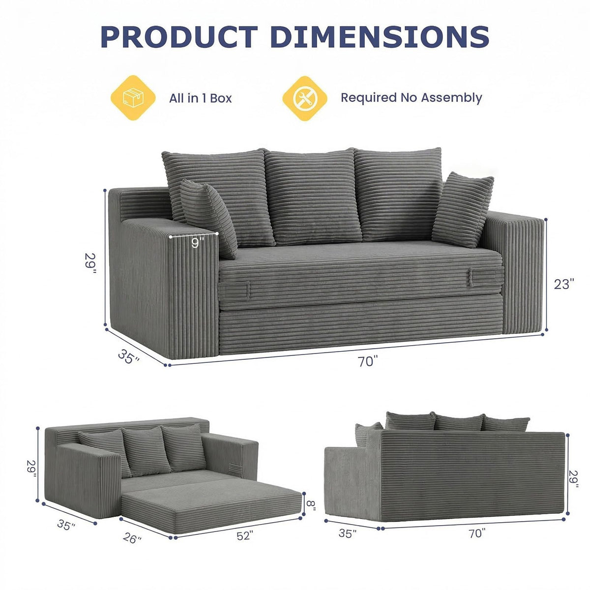 cidludto Convertible Sofa Bed, 3 in 1 Loveseat Folding Couch Bed Foldable - Chaise Lounge Chair & Floor Futon Sofa, Corduroy Pull Out Sofa Bed with 4 Pillows for Living Room, Beige
