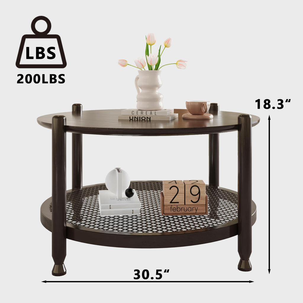 NSdirect Round Coffee Table,36" Coffee Table for Living Room,2-Tier Rustic Wood Desktop with Storage Shelf Modern Design Home Furniture(Light Walnut)