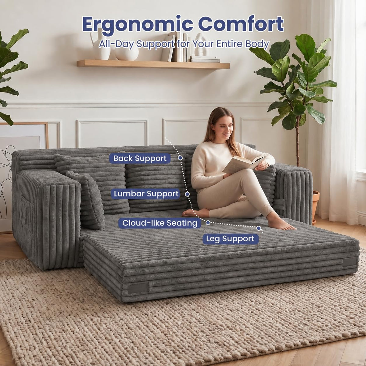 3-in-1 Convertible Sofa Bed: Boneless Loveseat Sleeper & Folding Couch Bed with 4 Pillows & Detachable Cushion, Furry Futon Couch for Bedroom, Apartment, Office and Living Room, No Assembly, Orange