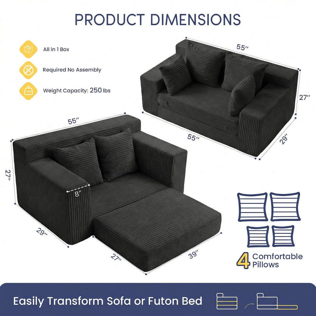 cidludto Convertible Sofa Bed, 3 in 1 Loveseat Folding Couch Bed Foldable - Chaise Lounge Chair & Floor Futon Sofa, Corduroy Pull Out Sofa Bed with 4 Pillows for Living Room, Beige