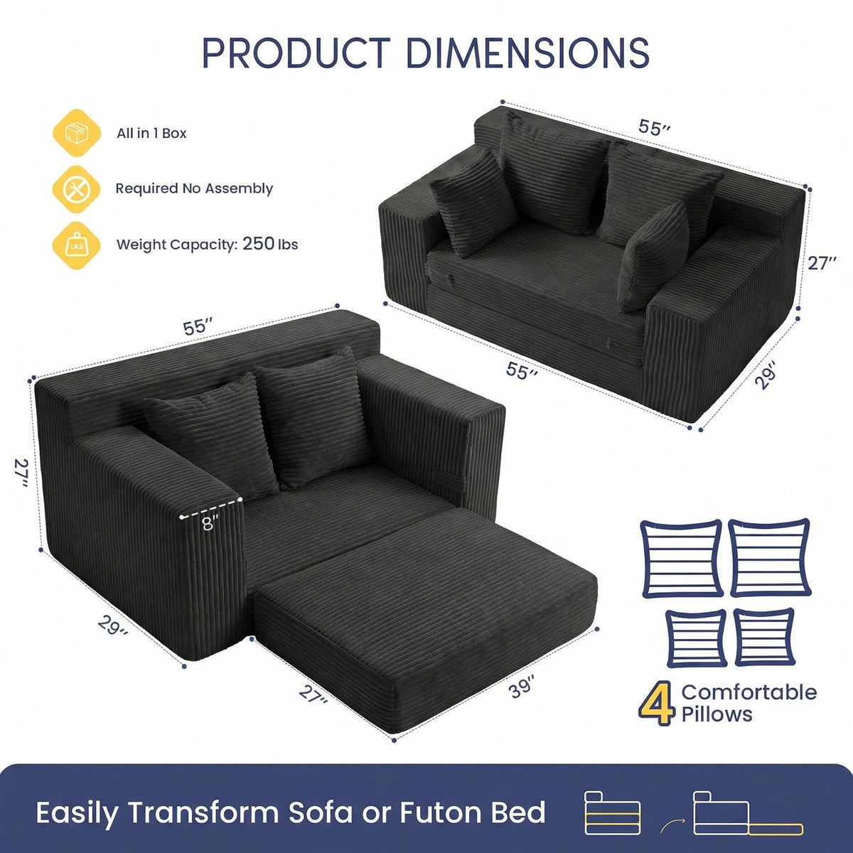 cidludto Convertible Sofa Bed, 3 in 1 Loveseat Folding Couch Bed Foldable - Chaise Lounge Chair & Floor Futon Sofa, Corduroy Pull Out Sofa Bed with 4 Pillows for Living Room, Beige