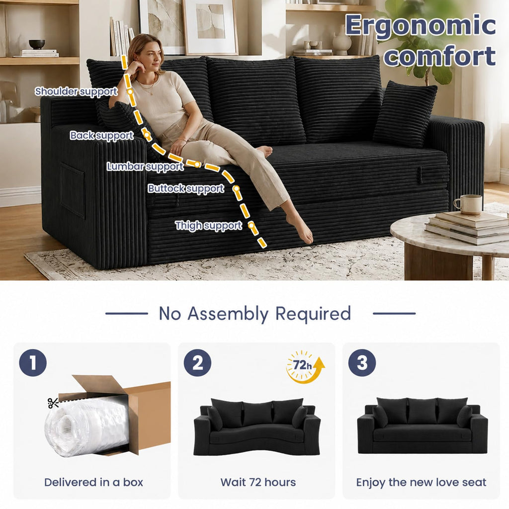 cidludto Convertible Sofa Bed, 3 in 1 Loveseat Folding Couch Bed Foldable - Chaise Lounge Chair & Floor Futon Sofa, Corduroy Pull Out Sofa Bed with 4 Pillows for Living Room, Beige
