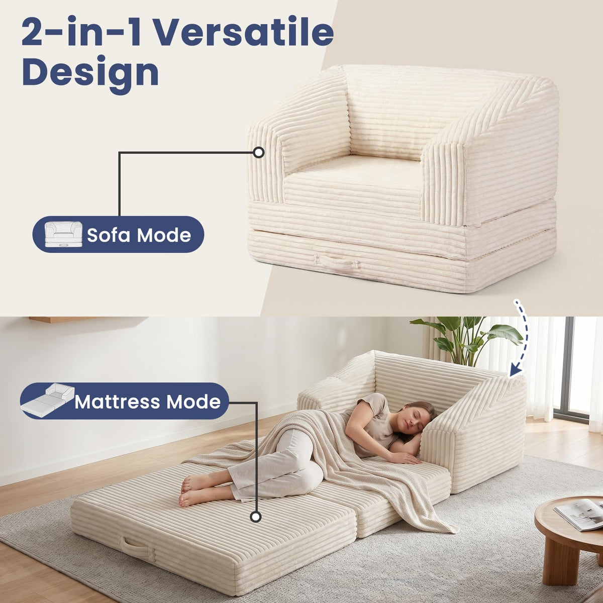 Convertible Folding Sofa Bed, 2-in-1 Single Boneless Sofa with Soft Corduroy & Ultra-Thick Backrest, Foldable Boneless Chair Lounger Sleeper Sofa for Small Apartment, Living Room, Home Office