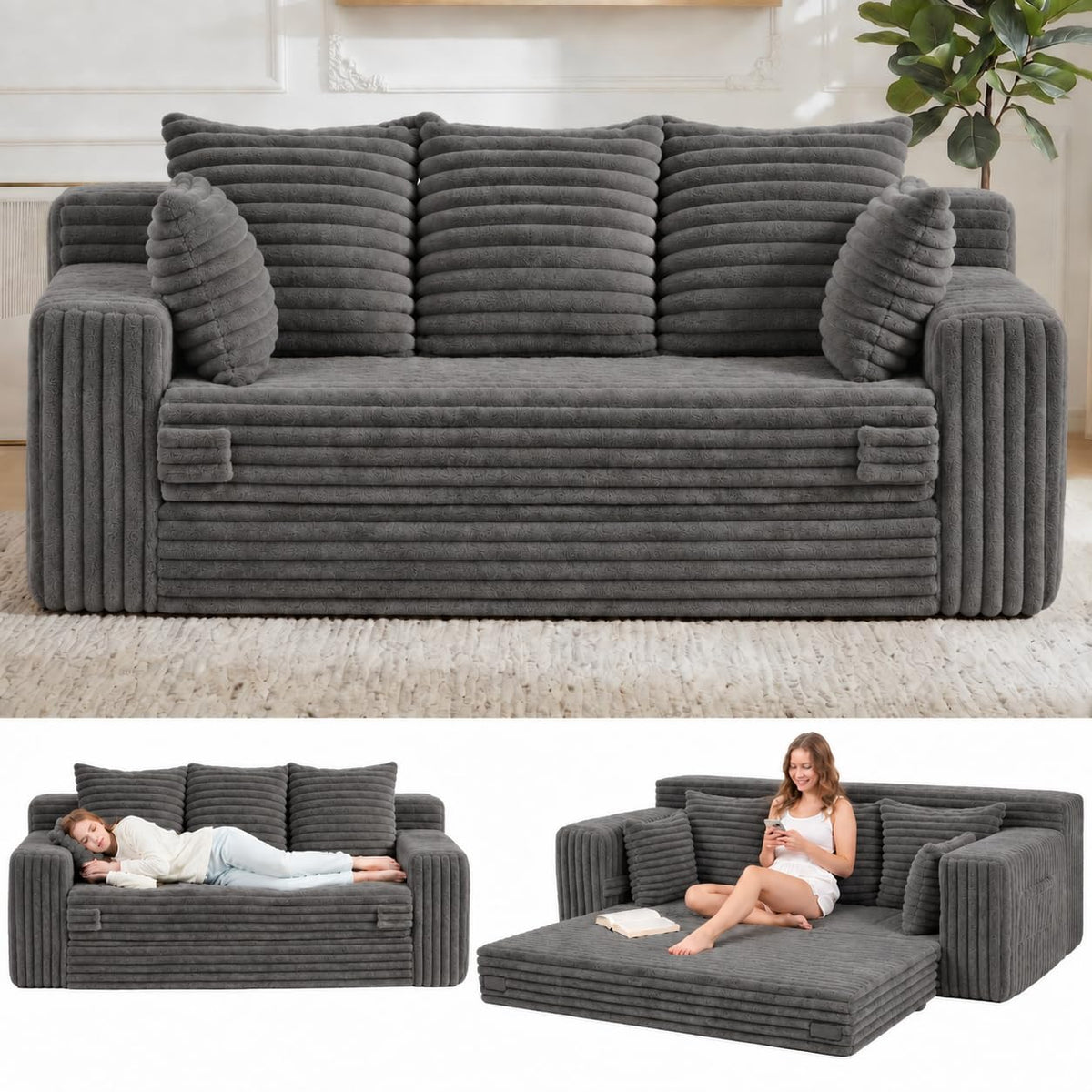 3-in-1 Convertible Sofa Bed: Boneless Loveseat Sleeper & Folding Couch Bed with 4 Pillows & Detachable Cushion, Furry Futon Couch for Bedroom, Apartment, Office and Living Room, No Assembly, Orange