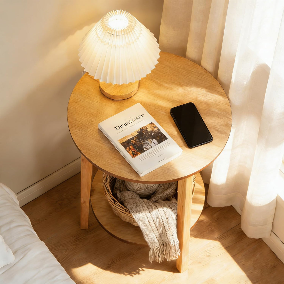2-Tier Round Coffee Table, 28ââ Wood Nesting Side Table with Storage Shelf, Natural Walnut Wood Tables for Living Room, Space Saving Accent Table