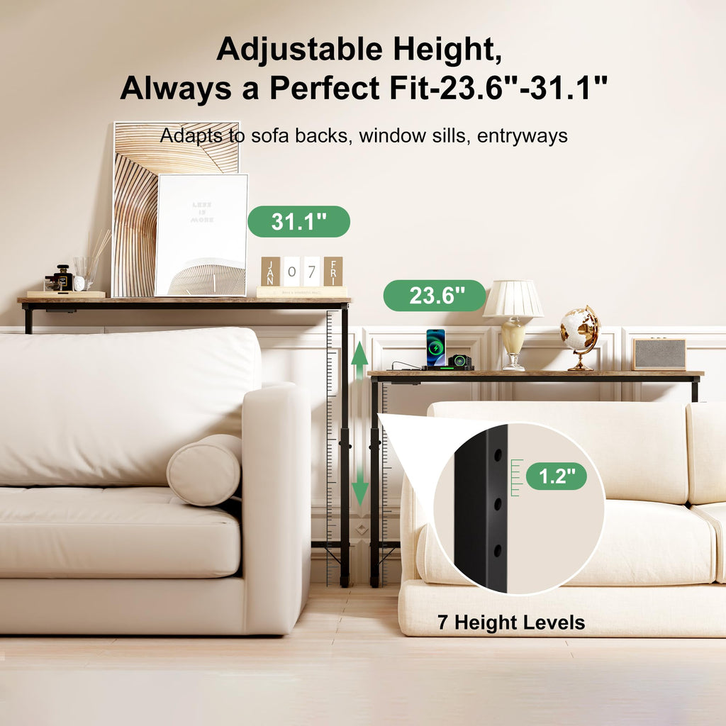 106"-157" Adjustable Length Behind Couch Sofa Table with 3 Power Outlets