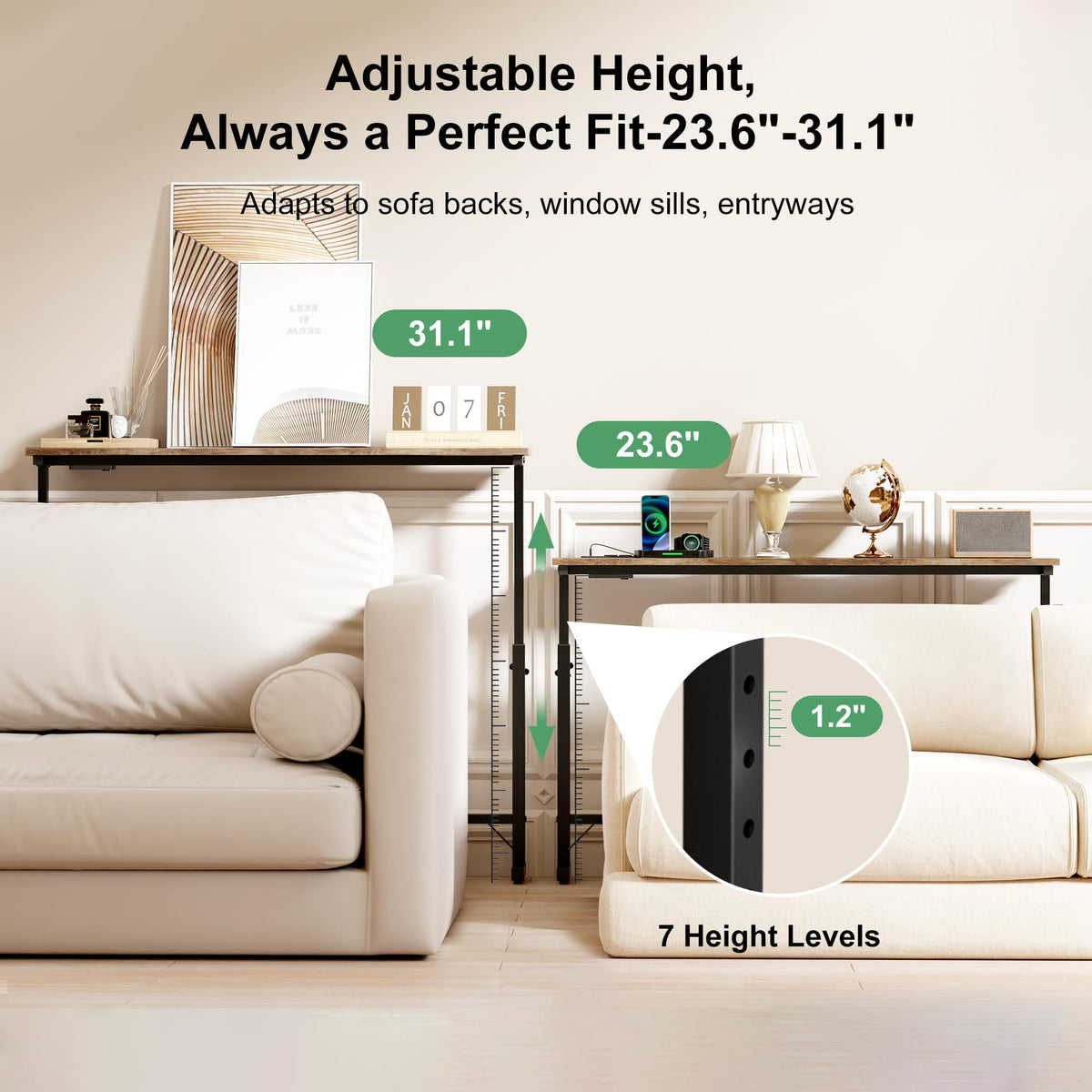 106"-157" Adjustable Length Behind Couch Sofa Table with 3 Power Outlets