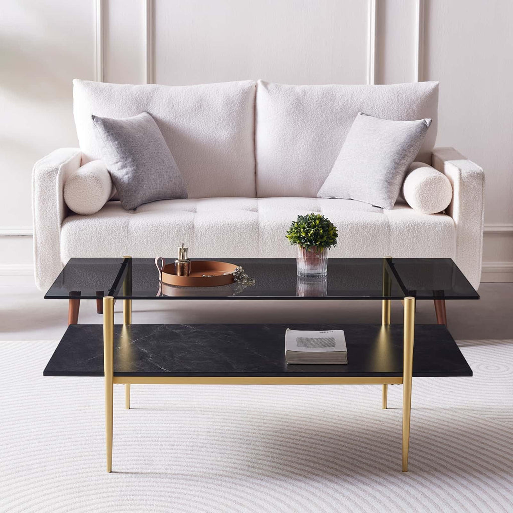 LumFurn Round Coffee Table for Living Room, Mid-Century Modern Design, D30 x H17, 2-Tier Structure, Grey Glass Top and Black Marble Finish Wood Shelf, Sleek Conical Metal Legs with Gold Finish Frame