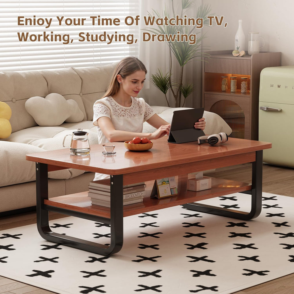 Coffee Table for Living Room with 2-Tier Storage Shelf, 39 inch Rectangular Wooden Center Table, Large Industrial Coffee Tables with Metal Leg & Rounded Corners for Home Office(Black)