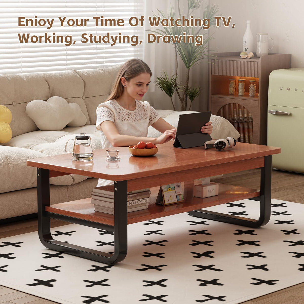 Coffee Table for Living Room with 2-Tier Storage Shelf, 39 inch Rectangular Wooden Center Table, Large Industrial Coffee Tables with Metal Leg & Rounded Corners for Home Office(Black)