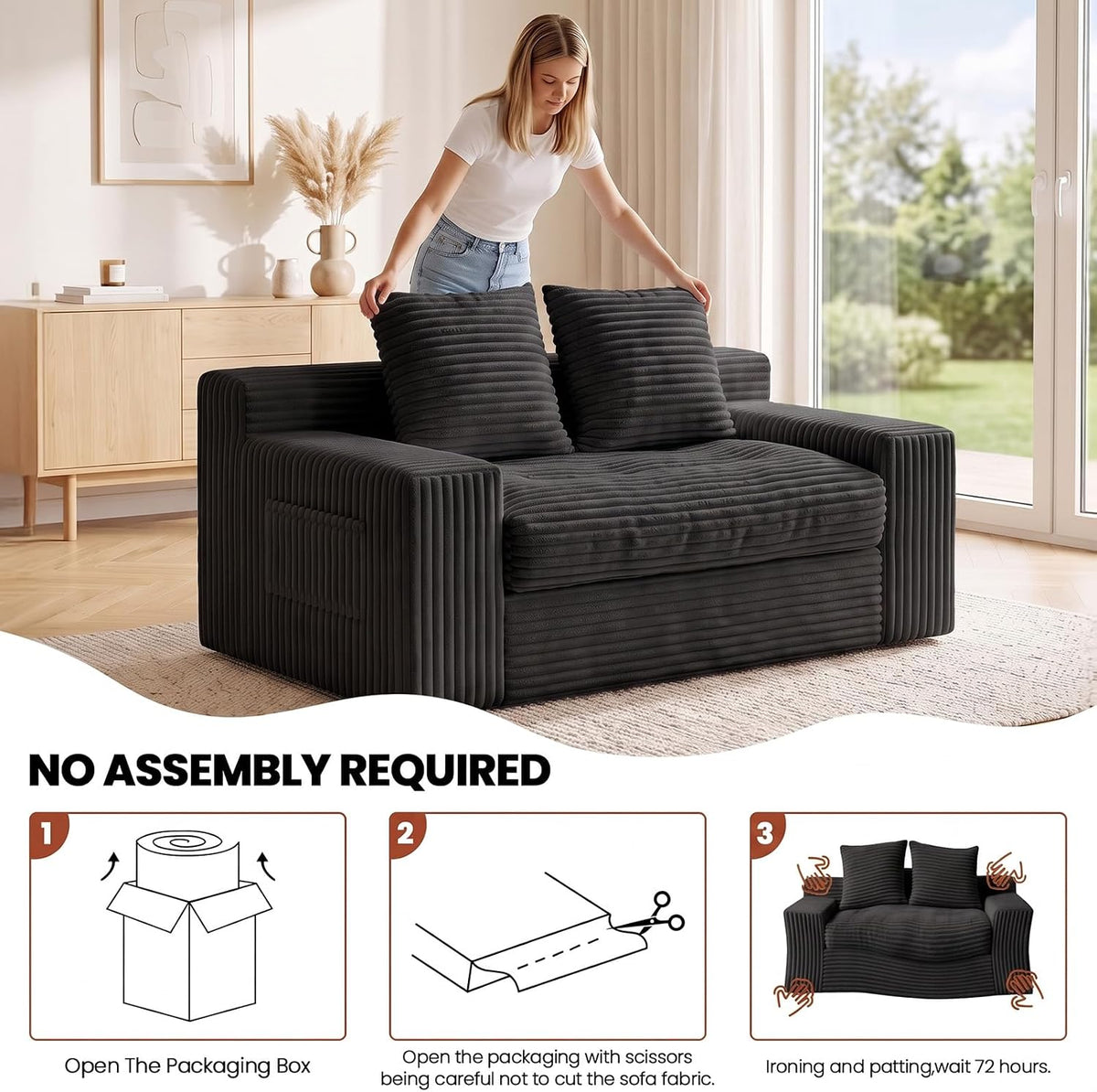 Small Boneless Couch, Boneless Loveseat Convertible Sofa Bed Sleeper Sofa Couch Bed with 2 Pillows, Corduroy Folding Floor Futon Foldable Boneless Couch for Living Room, Guest Room, Small Space, Black