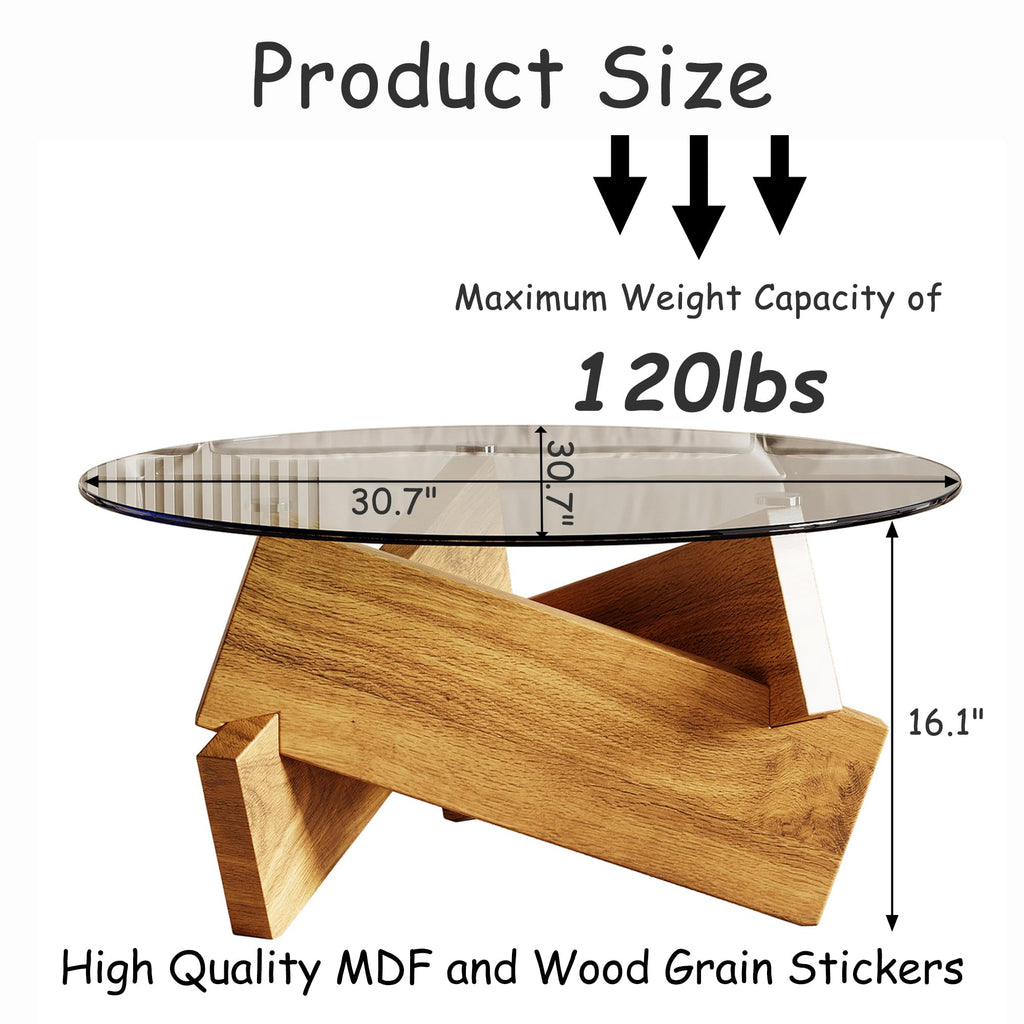 Honyee Modern Round Coffee Table, 30.7" x 30.7" x 16.1" Tempered Glass Top for Living Room, Color: Walnut