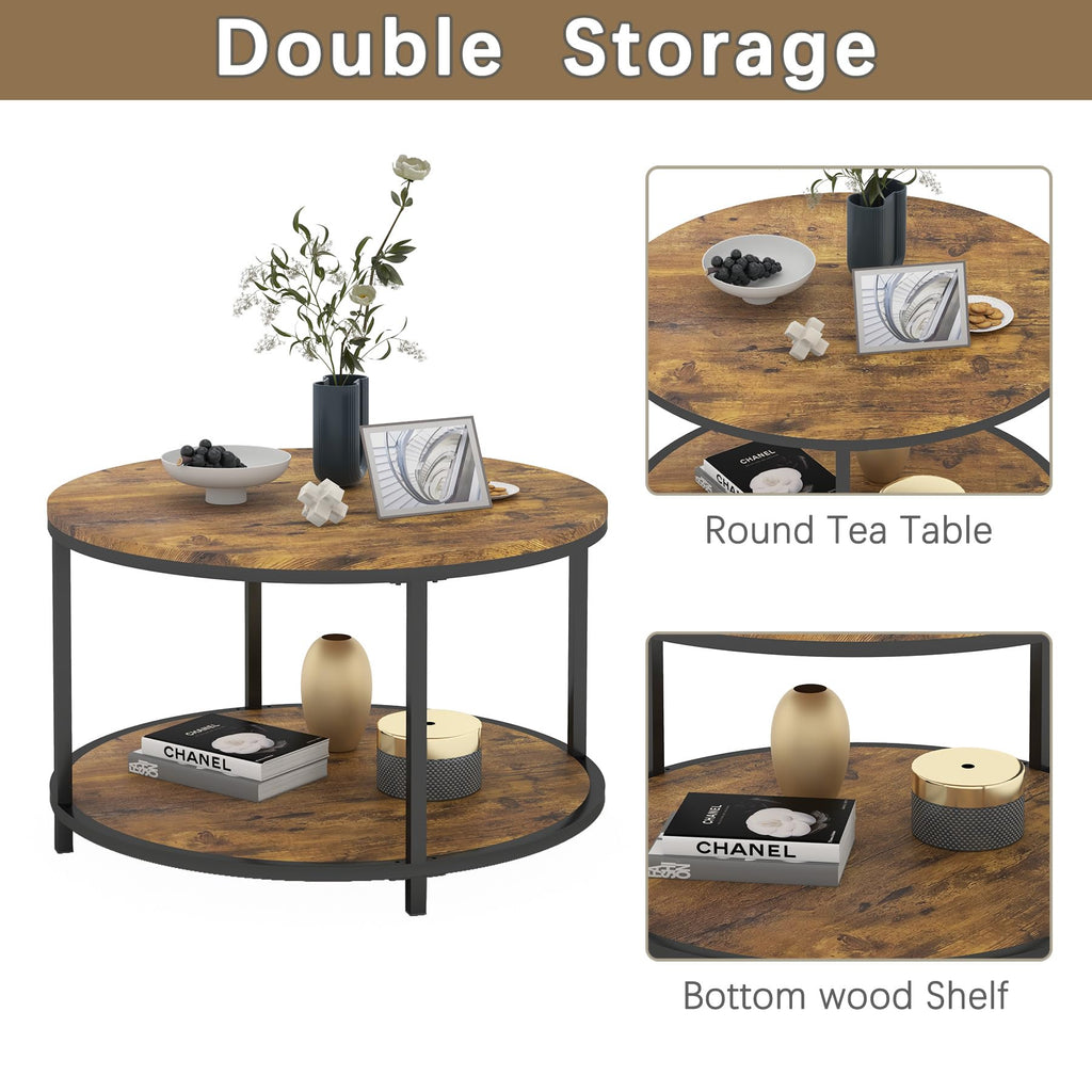 NSdirect Round Coffee Table,36" Coffee Table for Living Room,2-Tier Rustic Wood Desktop with Storage Shelf Modern Design Home Furniture(Light Walnut)